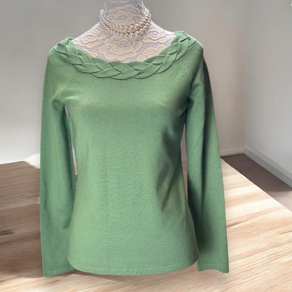 Ann Taylor Green Marino wool Blend Sweater Women's M Braided Boat Neck Chic Flaw - Picture 1 of 10